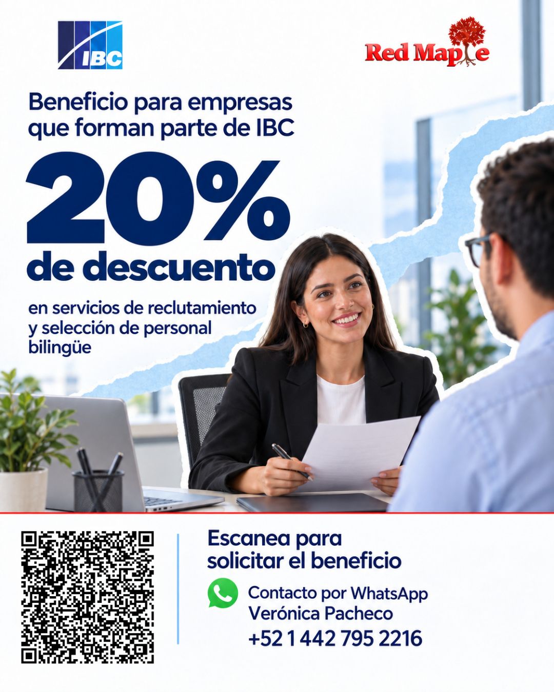 Flyer del beneficio de 20% de descuento en reclutamiento y selección de personal bilingüe